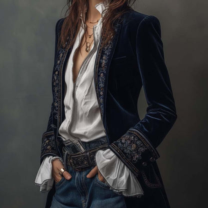 Damska Womens Jacket Marynarka Welurowa Elegancka Długa