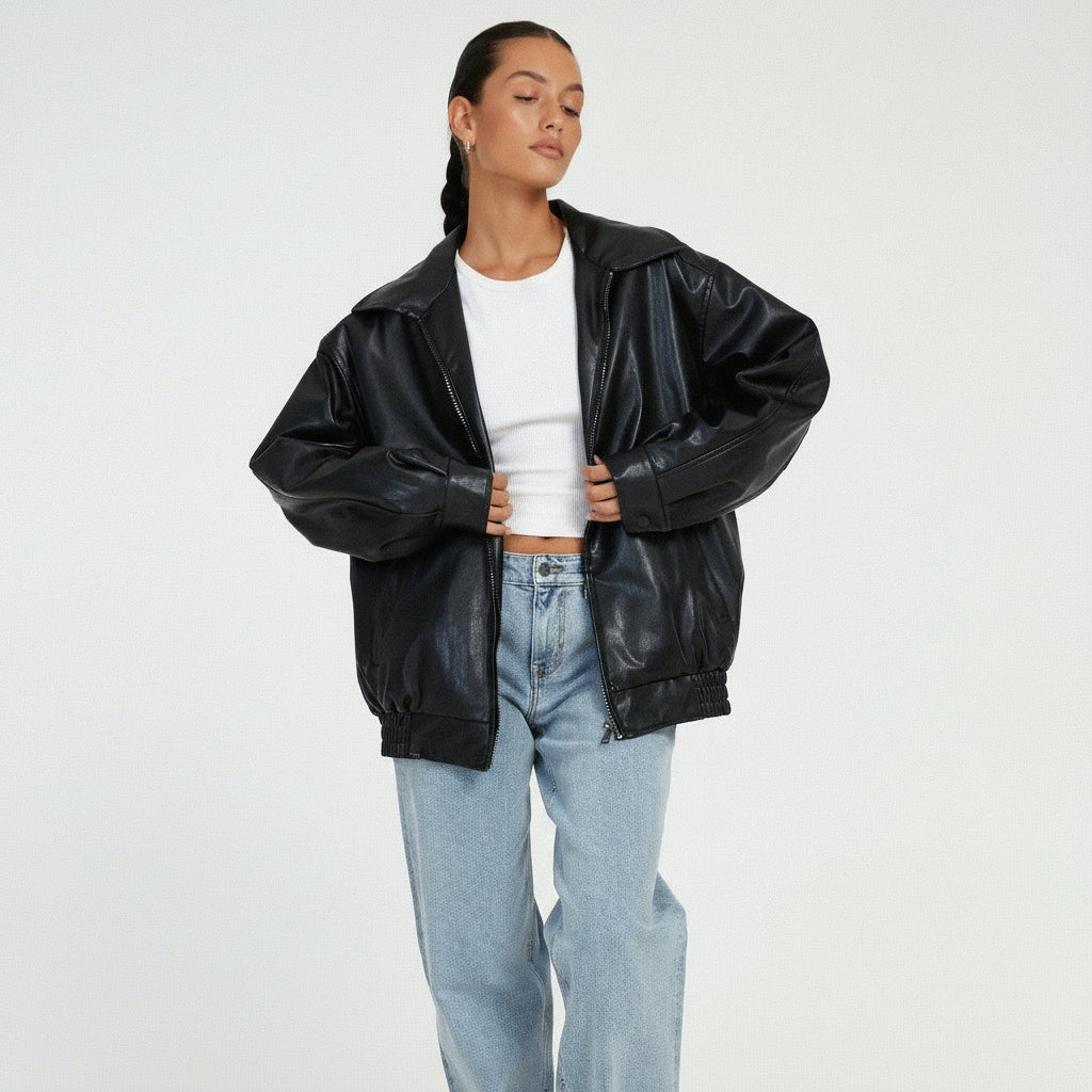 Damska Skórzana Kurtka Bomber Oversize Lekka Długa