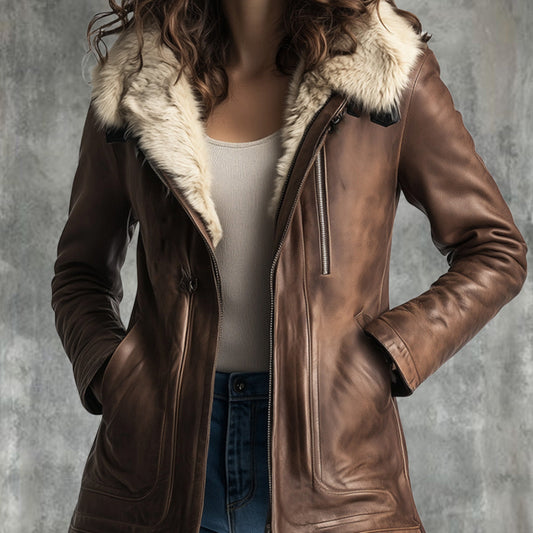 Płaszcz Damski Skórzany Coat Krótki Ocieplany Elegancki