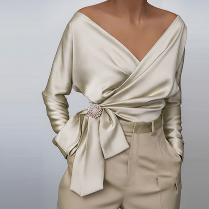 Damska Elegancka Bluzka Kopertowa Wiązana Długi Rękaw