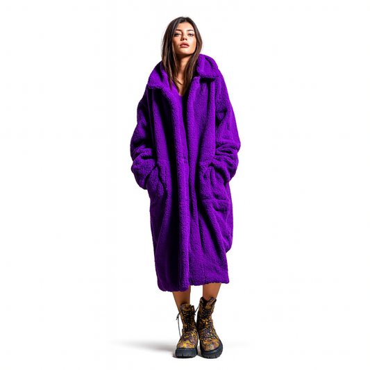 Fioletowy damski płaszcz zimowy z polaru w stylu smart casual z dużą ilością miejsca