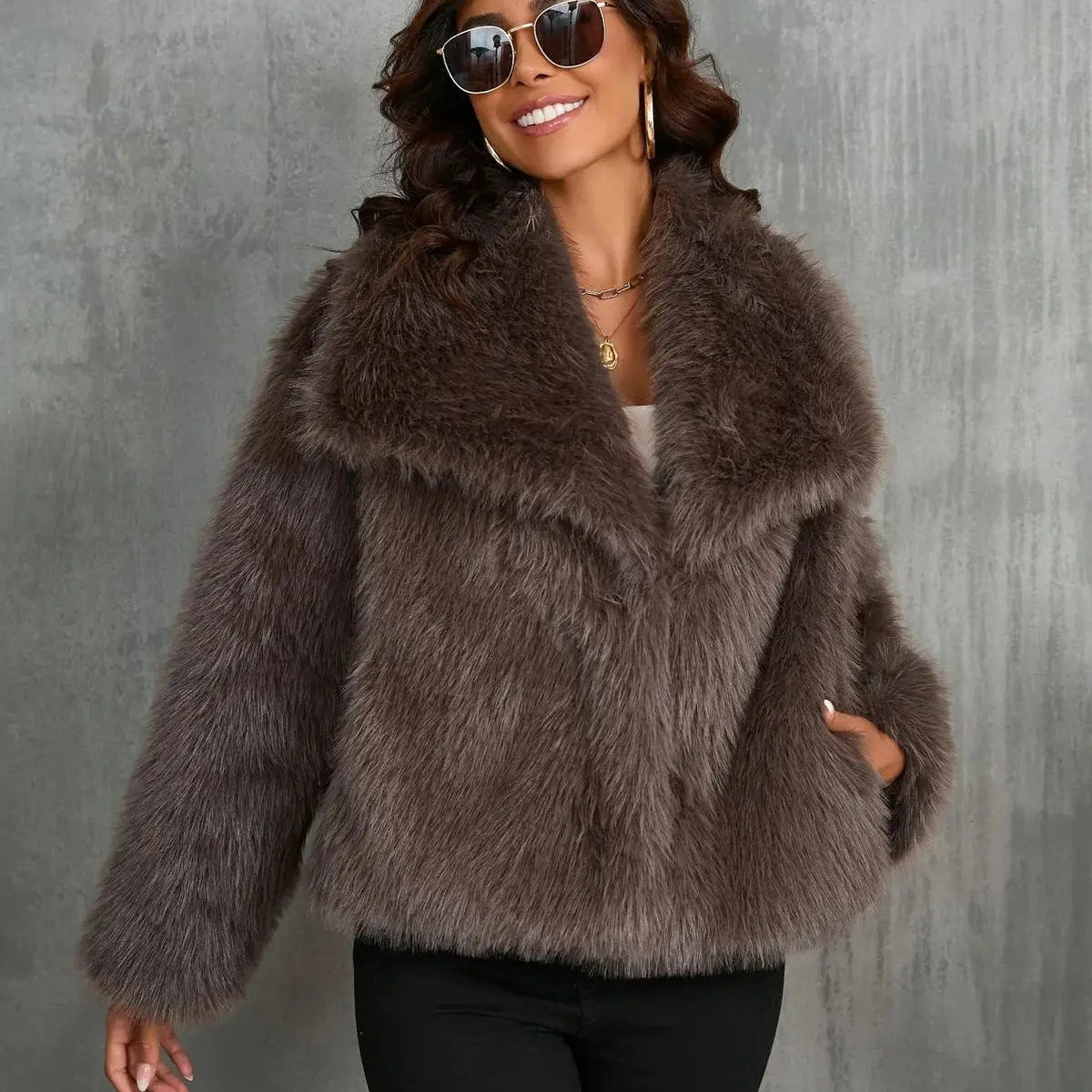 Damska Elegancka Futrzana Kurtka Krotka Oversize