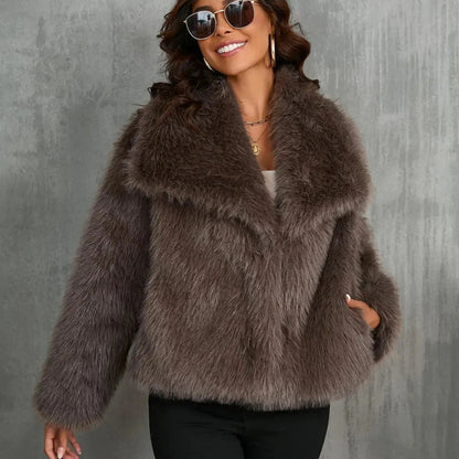 Damska Elegancka Futrzana Kurtka Krotka Oversize