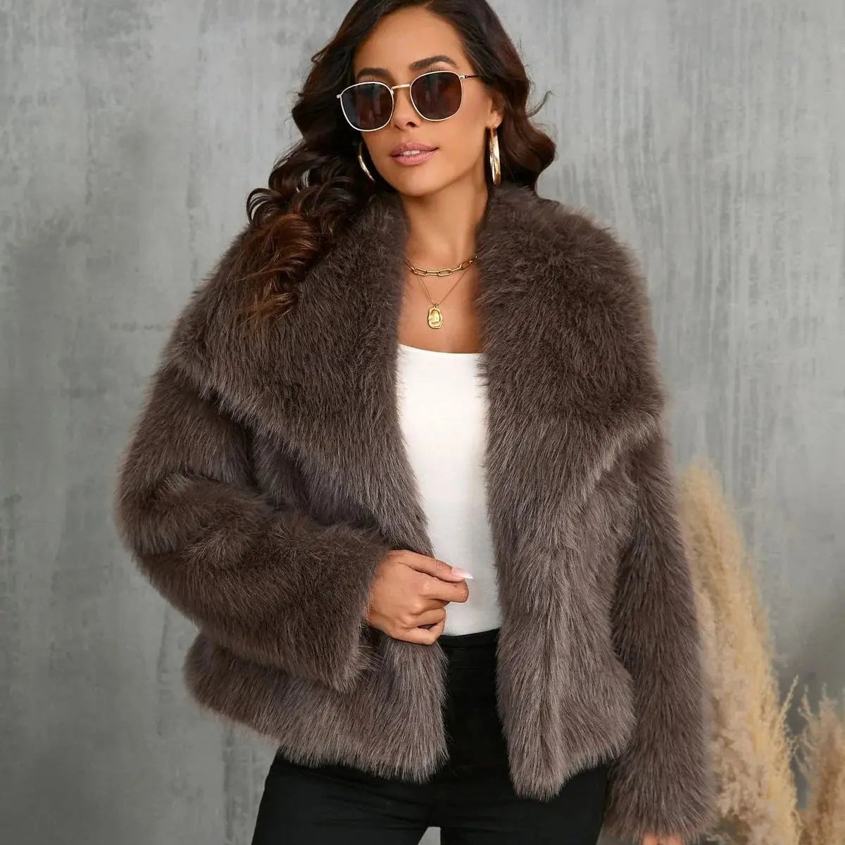 Damska Elegancka Futrzana Kurtka Krotka Oversize