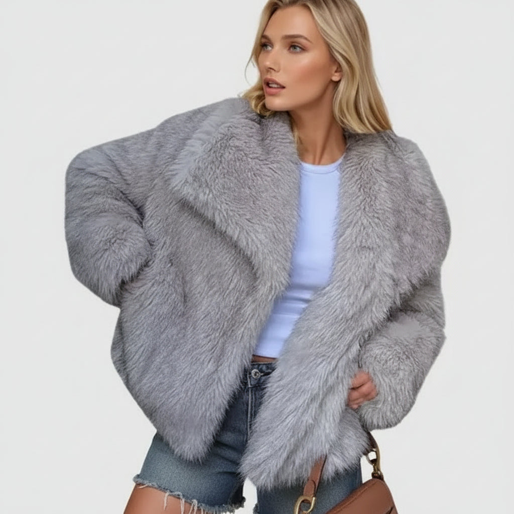 Damska Elegancka Futrzana Kurtka Krotka Oversize