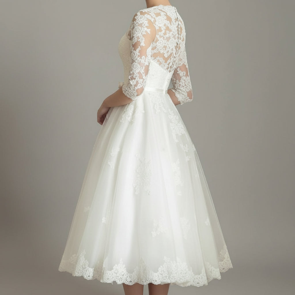 Damska Formalna Koronkowa Suknia Slubna Długi Rękaw Midi