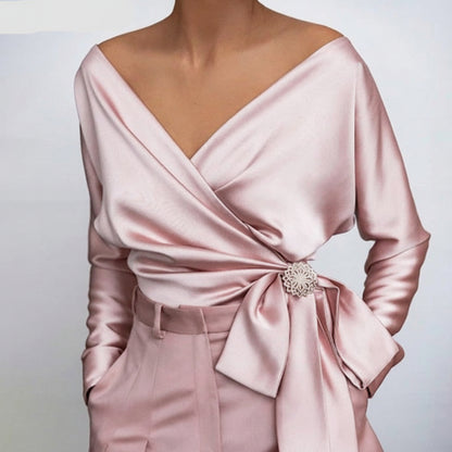 Damska Elegancka Bluzka Kopertowa Wiązana Długi Rękaw