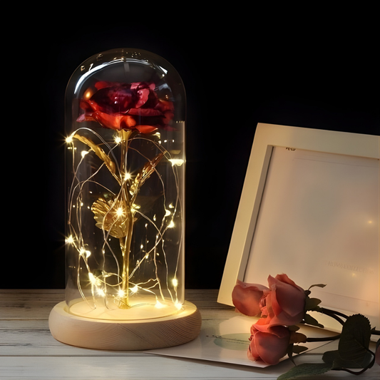 Róża Wieczna Szklana Lampa Dekoracyjna LED Drewniana Podstawa