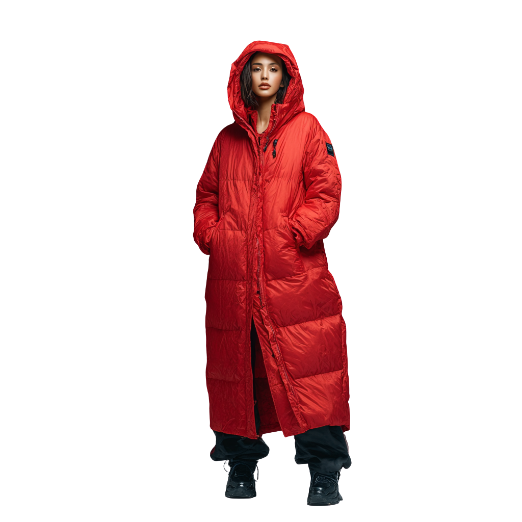 Ta czerwona długa kurtka puchowa dla pań jest idealna na zimną pogodę, ponieważ zapewnia ciepło i ma kaptur.