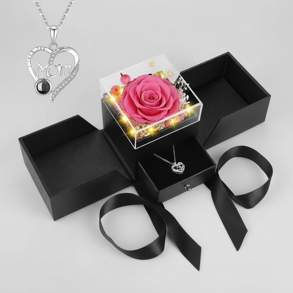 Wieczne Róże Pudełku LED Naszyjnikiem Kocham Cię