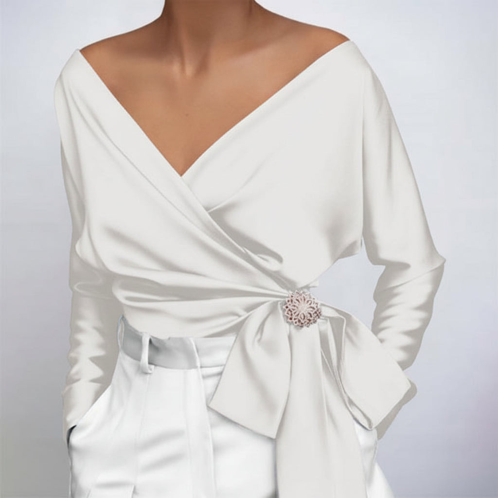 Damska Elegancka Bluzka Kopertowa Wiązana Długi Rękaw