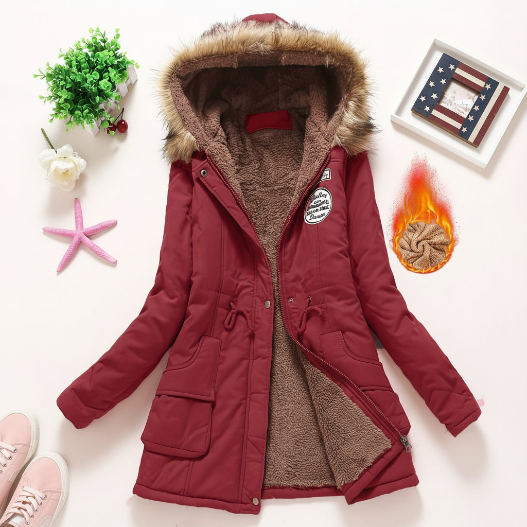 Damska Kurtka Puchowa Kapturem Długi Rękaw Zimowa