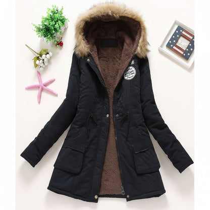 Damska Kurtka Puchowa Kapturem Długi Rękaw Zimowa