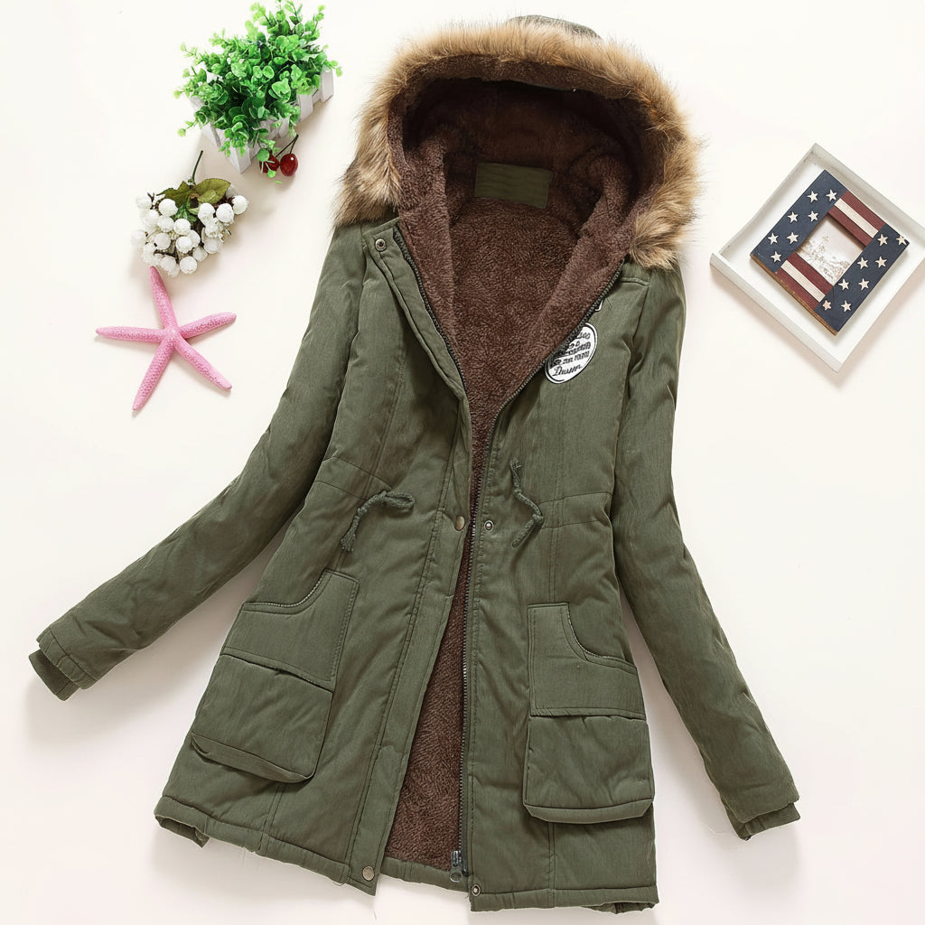 Damska Kurtka Puchowa Kapturem Długi Rękaw Zimowa