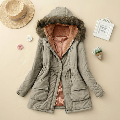 Damska Kurtka Puchowa Kapturem Długi Rękaw Zimowa