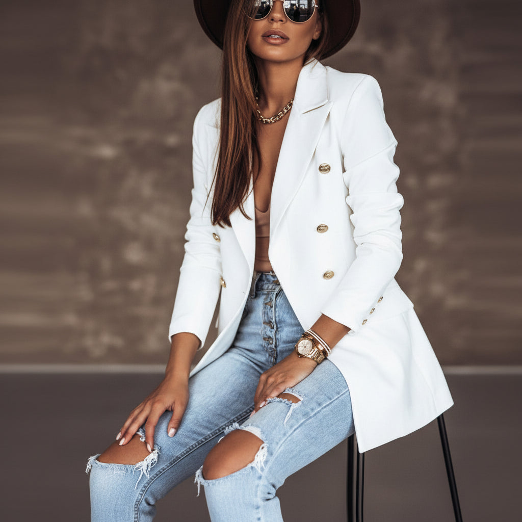 Damska Marynarka Oversized Fasonie Długi Rękaw Guzikami