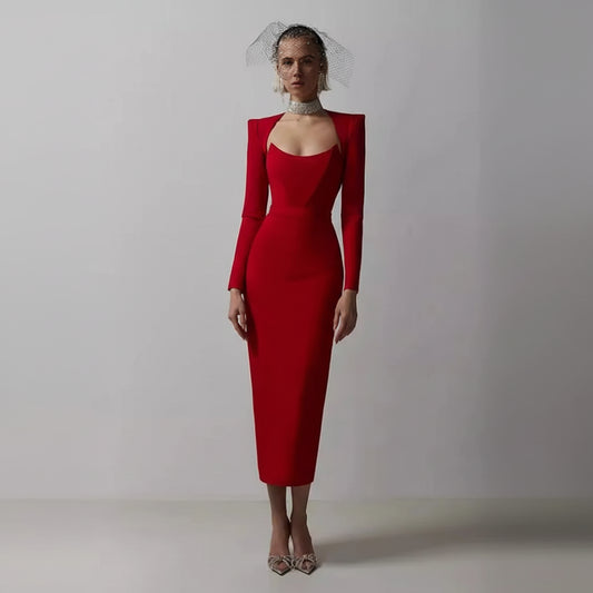 Sukienka Midi Damska Dopasowana Długi Rękaw Dekolt Kwadratowy