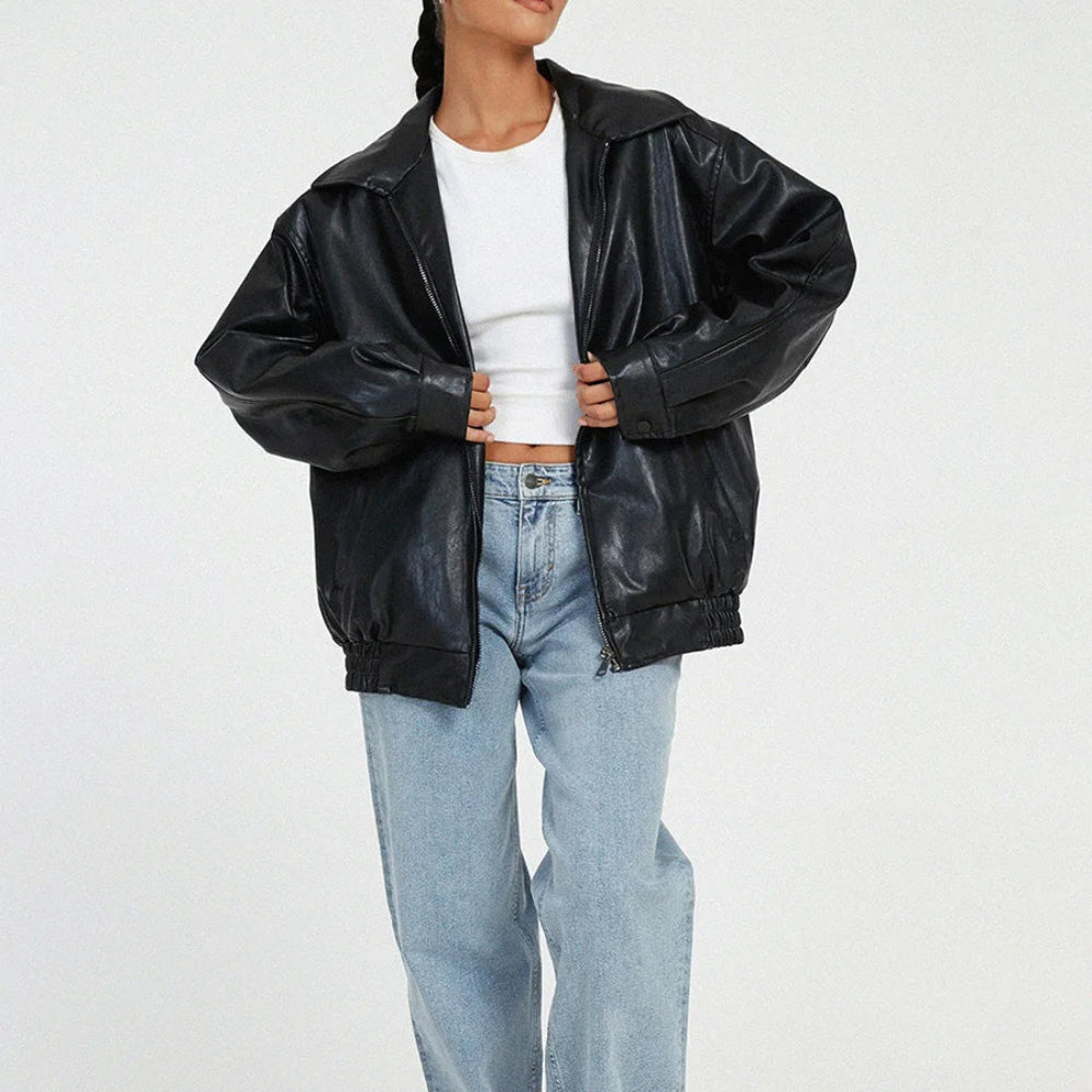 Damska Oversize Skórzana Kurtka Krótka Jacket