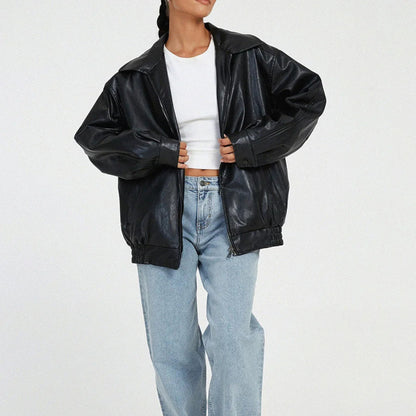 Damska Oversize Skórzana Kurtka Krótka Jacket
