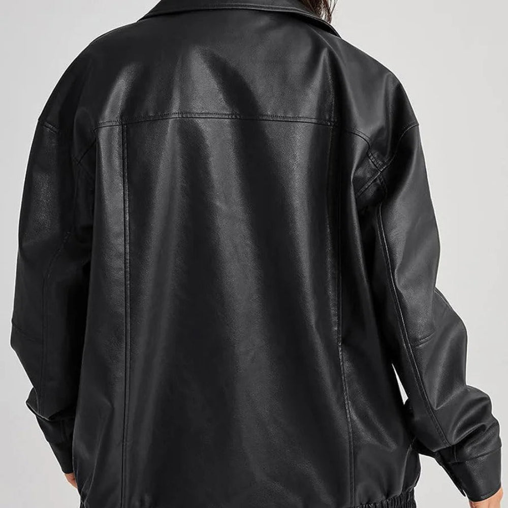 Damska Oversize Skórzana Kurtka Krótka Jacket