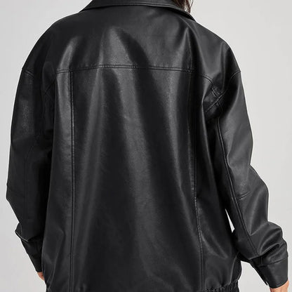 Damska Oversize Skórzana Kurtka Krótka Jacket