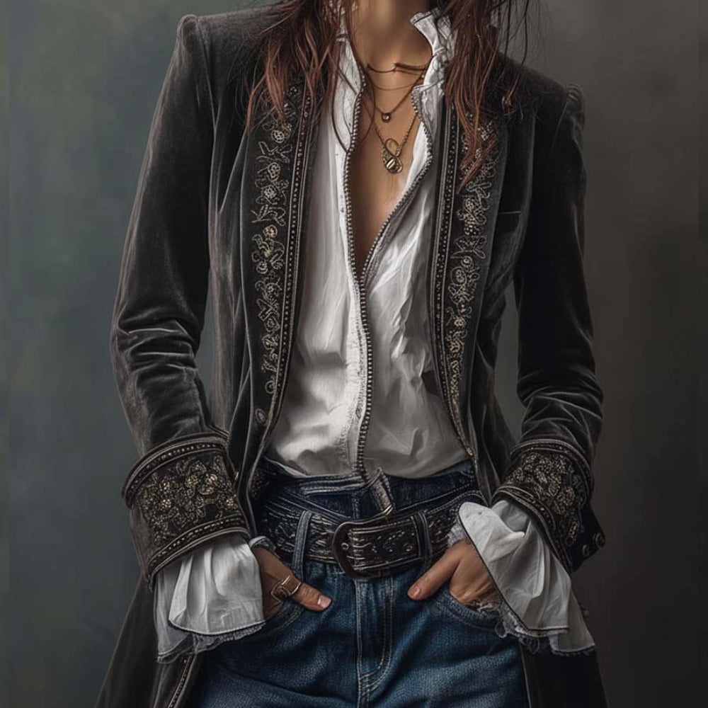 Damska Womens Jacket Marynarka Welurowa Elegancka Długa