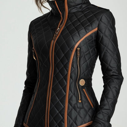 Damska Pikowana Kurtka Skórzana Elegancka Taliowana