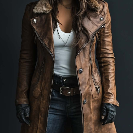 Płaszcz Damski Skórzany Coat Długi Elegancki