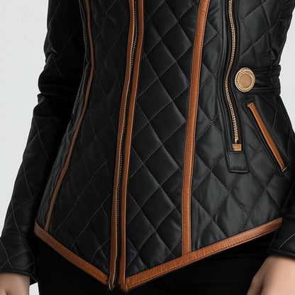 Damska Pikowana Kurtka Skórzana Elegancka Taliowana