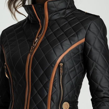 Damska Pikowana Kurtka Skórzana Elegancka Taliowana