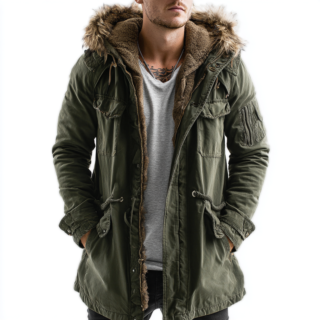 Kurtka parkowa wojskowa, ciepły płaszcz z futrzaną podszewką