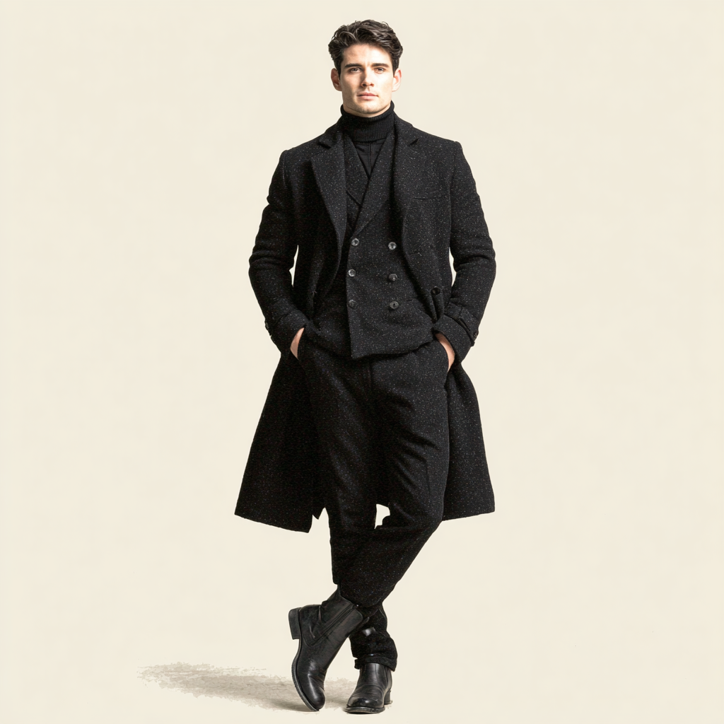Ten długi, stylowy płaszcz to idealny zimowy trencz dla mężczyzn.