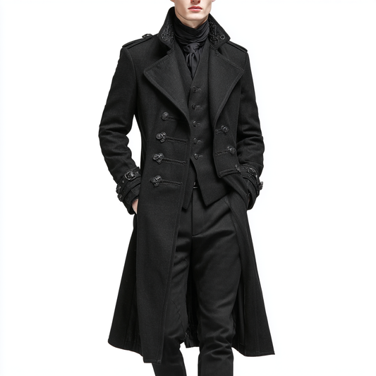 Ten długi, stylowy płaszcz to idealny zimowy trencz dla mężczyzn.