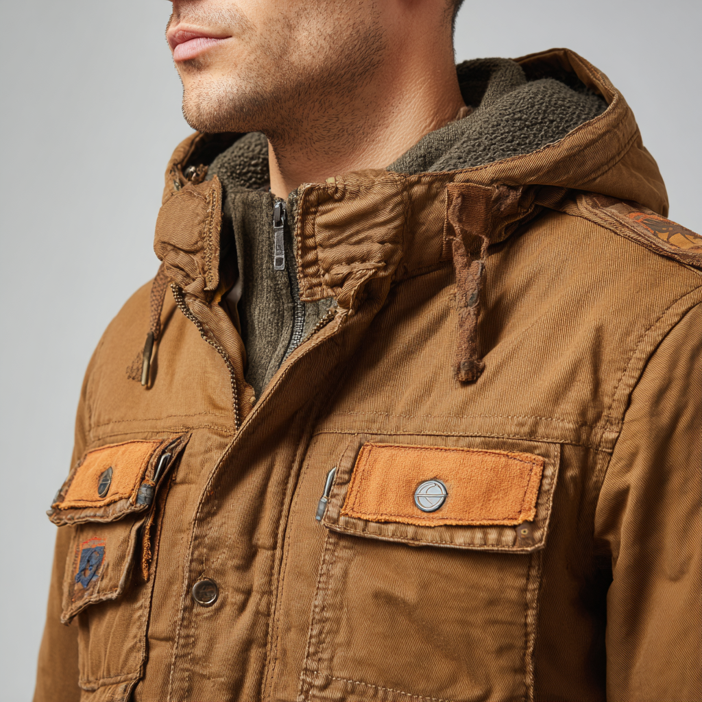 Męski płaszcz zimowy z kapturem i kilkoma kieszeniami