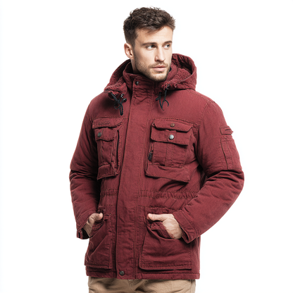 Męski płaszcz zimowy z kapturem i kilkoma kieszeniami