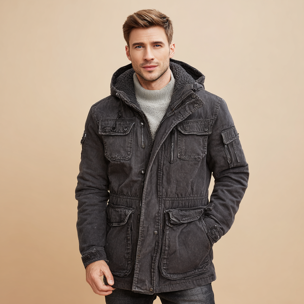 Męski płaszcz zimowy z kapturem i kilkoma kieszeniami