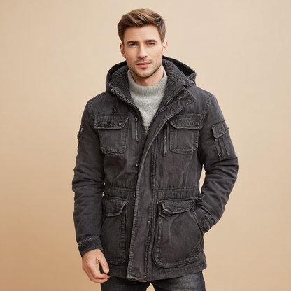 Męski płaszcz zimowy z kapturem i kilkoma kieszeniami