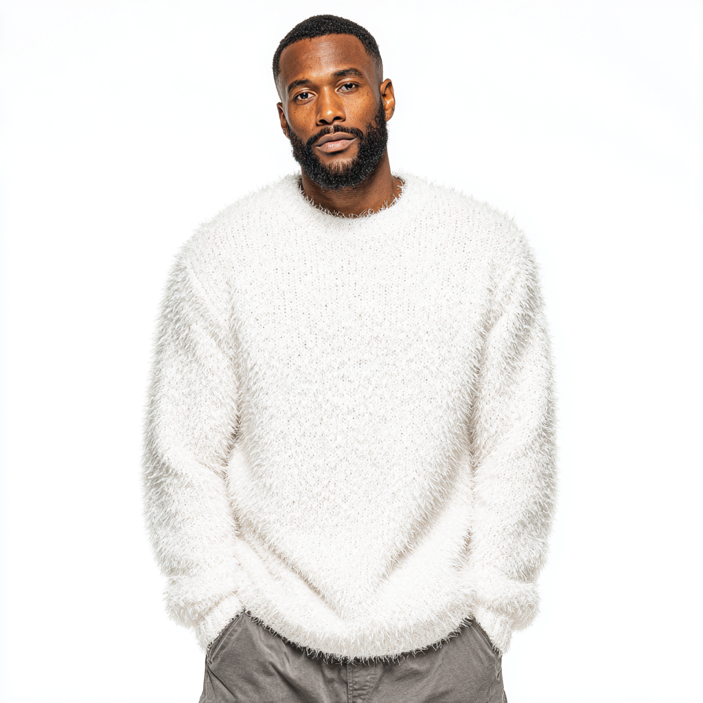 Biały, puszysty sweter z okrągłym dekoltem dla mężczyzn.  Jest duży, puszysty i wygodny.
