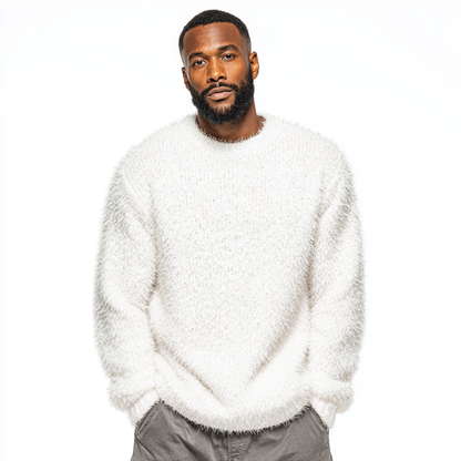 Biały, puszysty sweter z okrągłym dekoltem dla mężczyzn.  Jest duży, puszysty i wygodny.