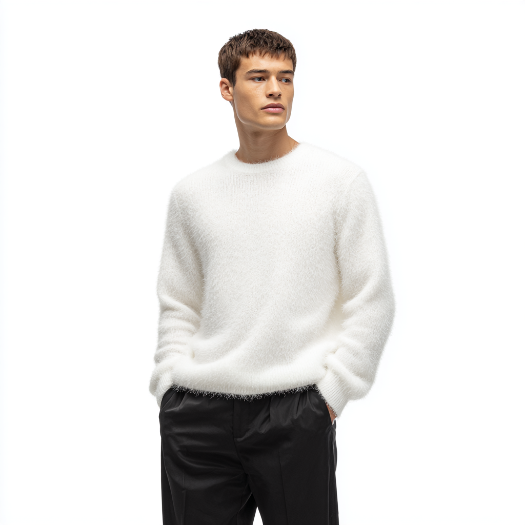Biały, puszysty sweter z okrągłym dekoltem dla mężczyzn.  Jest duży, puszysty i wygodny.