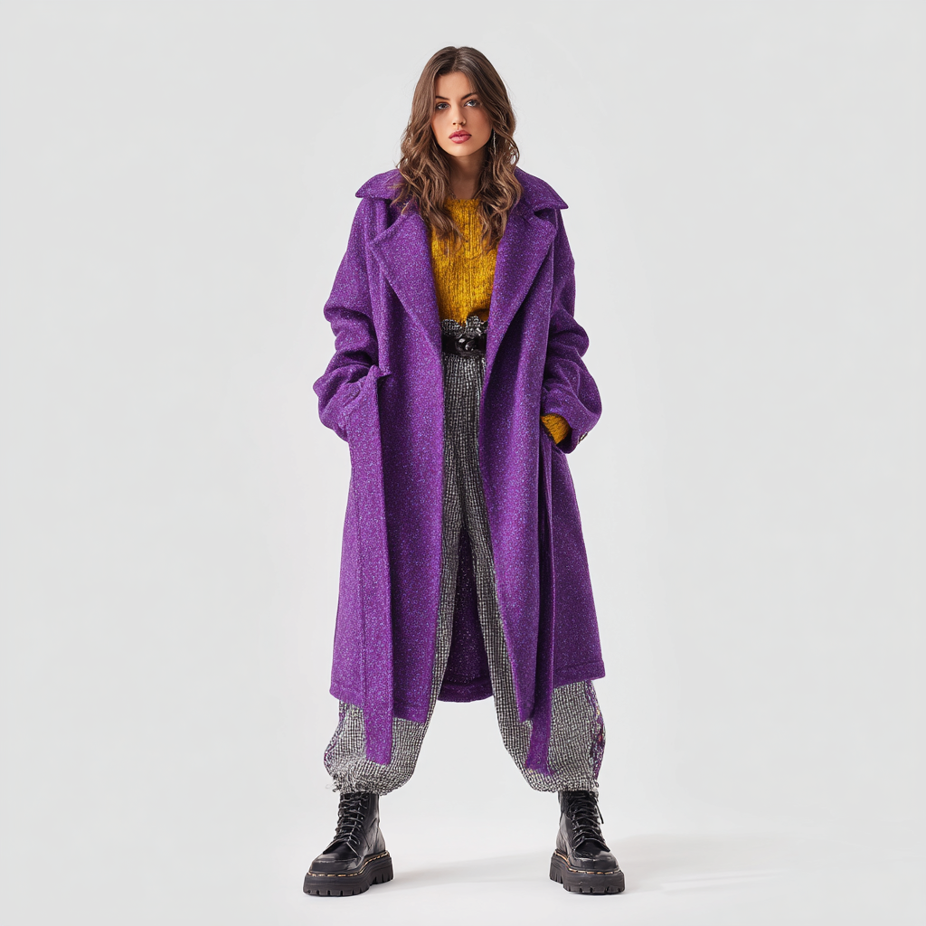 Fioletowy damski płaszcz zimowy z polaru w stylu smart casual z dużą ilością miejsca