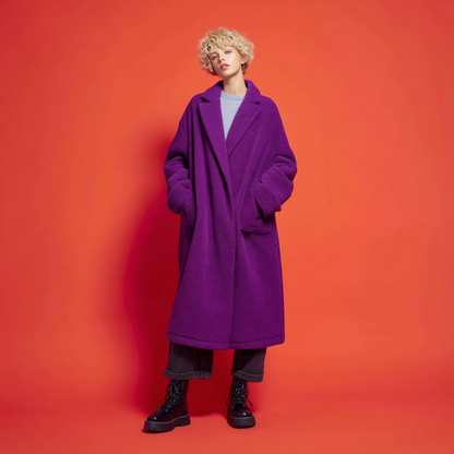 Fioletowy damski płaszcz zimowy z polaru w stylu smart casual z dużą ilością miejsca