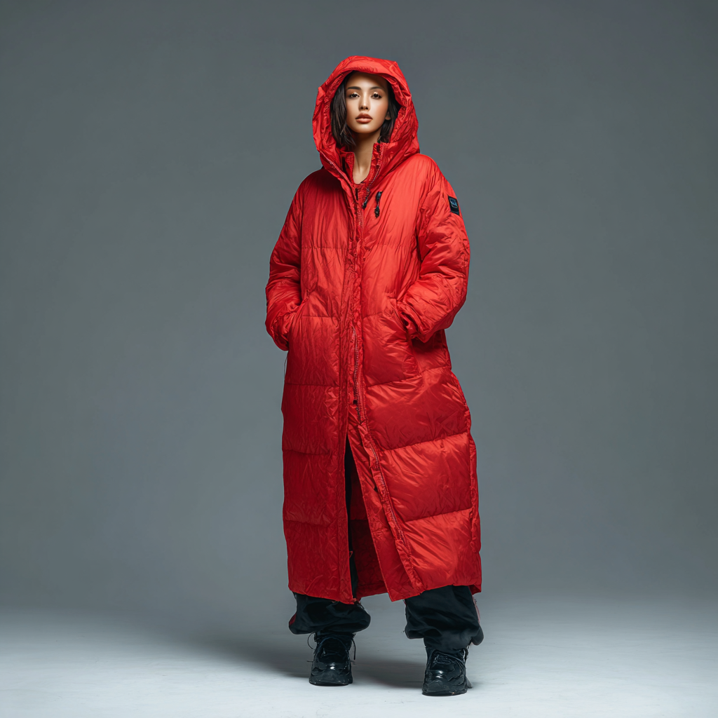 Ta czerwona długa kurtka puchowa dla pań jest idealna na zimną pogodę, ponieważ zapewnia ciepło i ma kaptur.