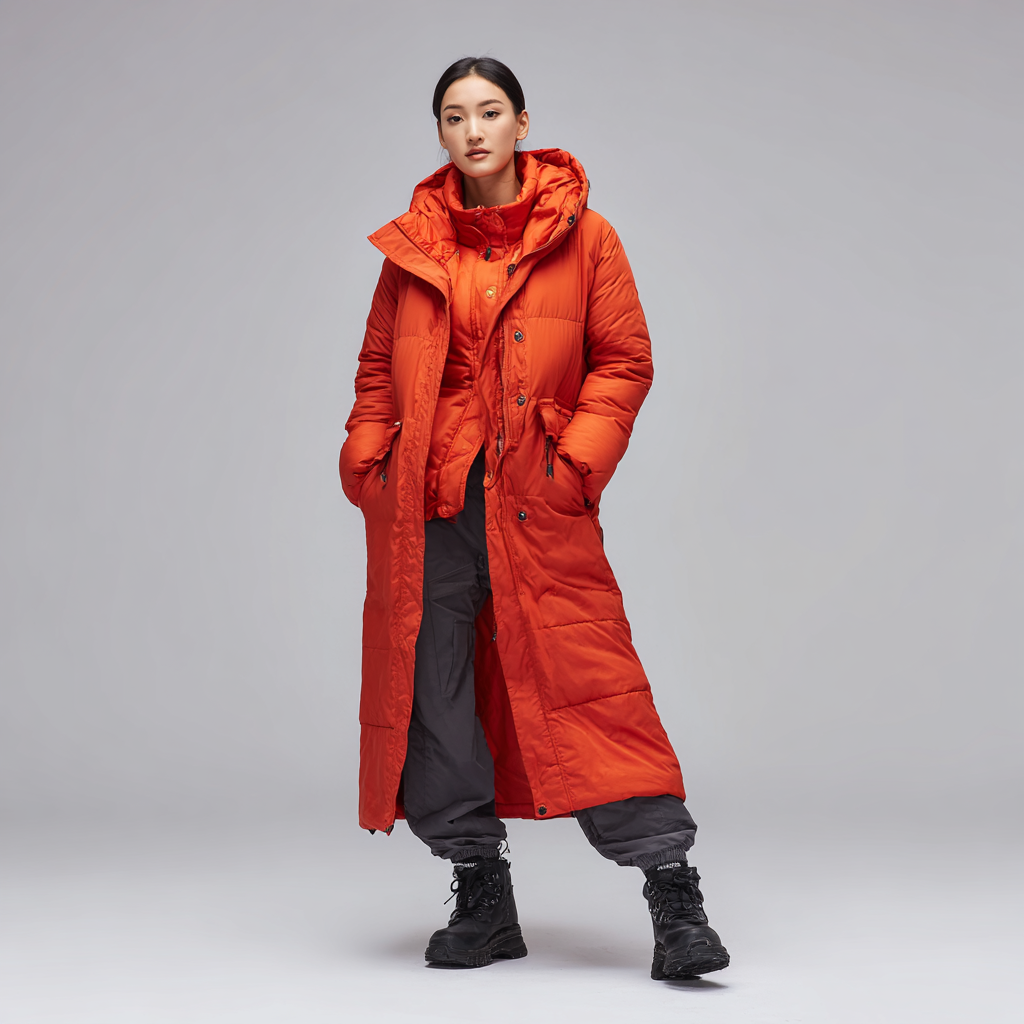 Ta czerwona długa kurtka puchowa dla pań jest idealna na zimną pogodę, ponieważ zapewnia ciepło i ma kaptur.