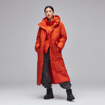 Ta czerwona długa kurtka puchowa dla pań jest idealna na zimną pogodę, ponieważ zapewnia ciepło i ma kaptur.