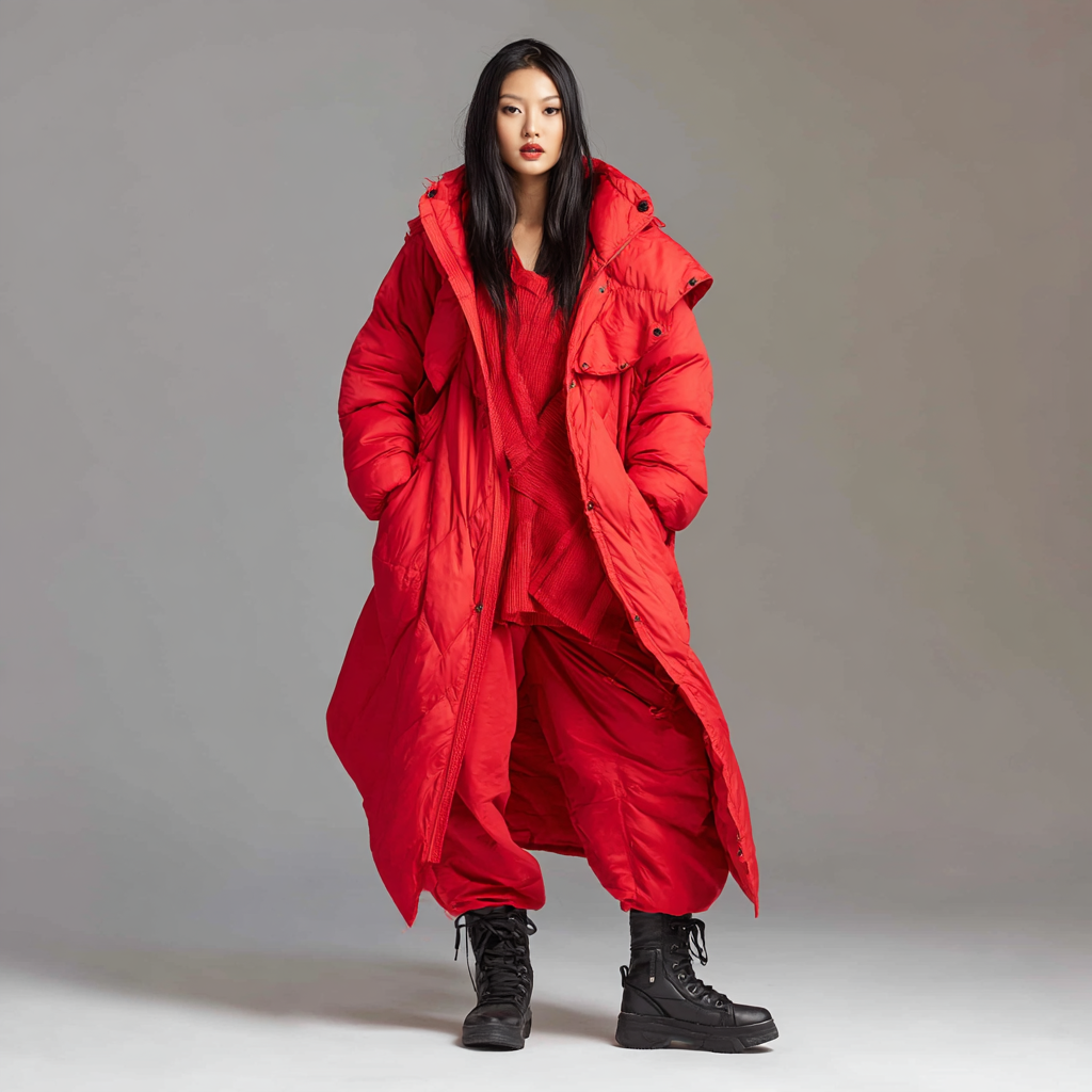 Ta czerwona długa kurtka puchowa dla pań jest idealna na zimną pogodę, ponieważ zapewnia ciepło i ma kaptur.