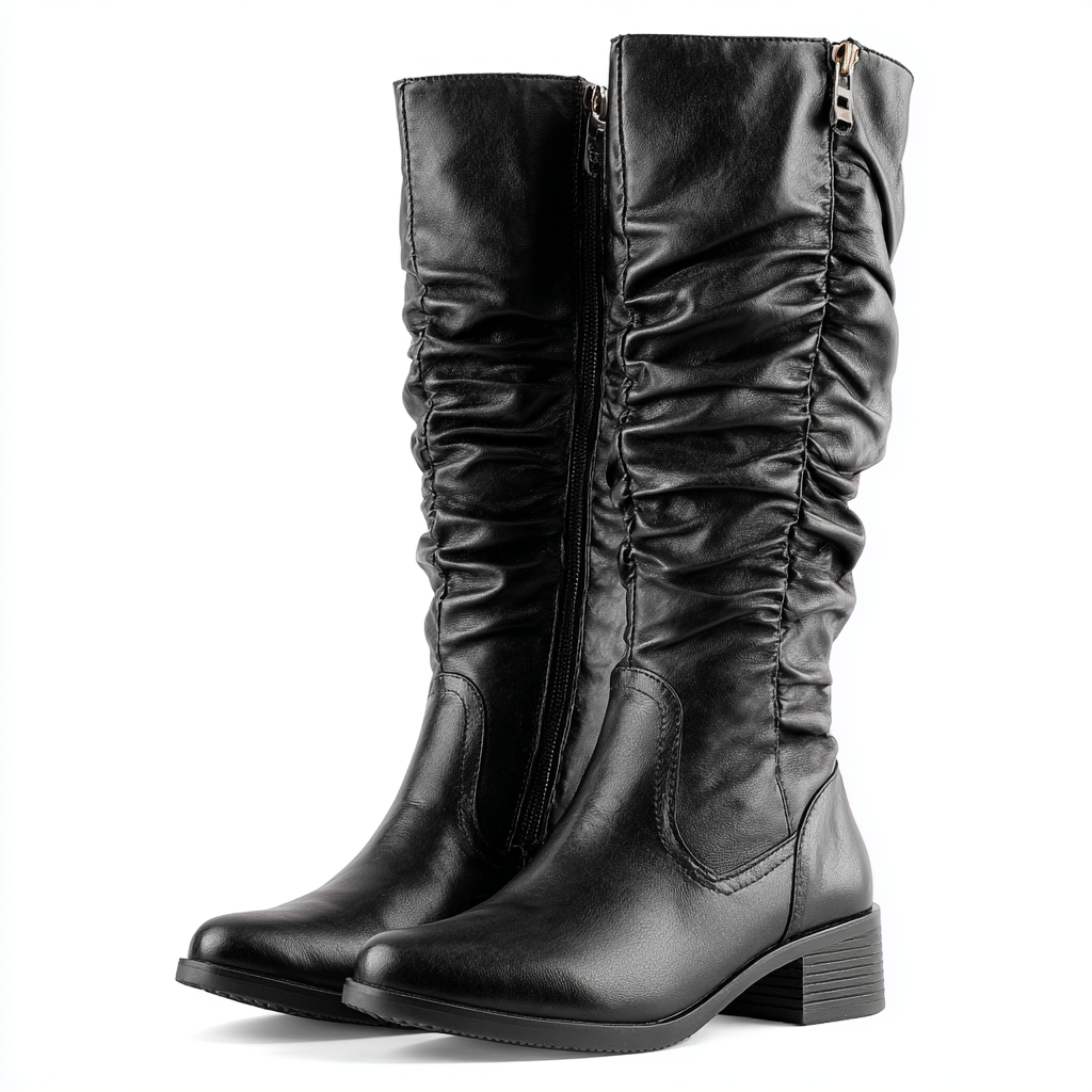 Damskie kozaki za kolano na niskim obcasie zapinane na zamek.