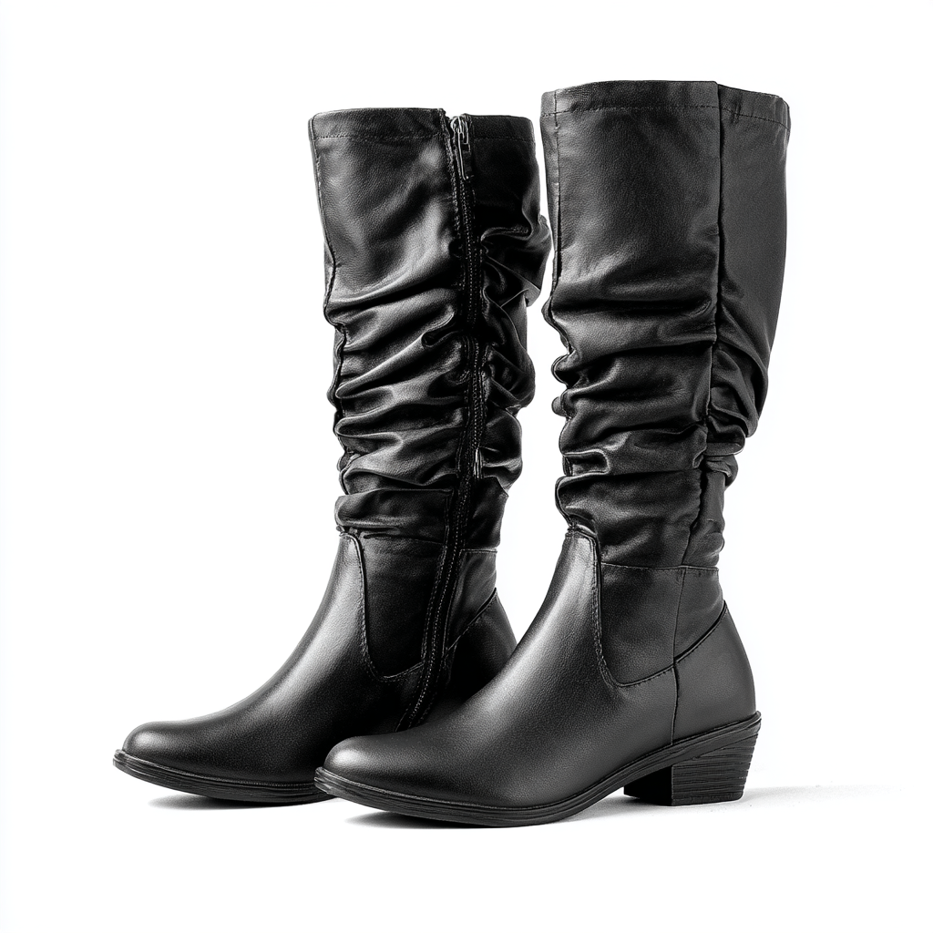 Damskie kozaki za kolano na niskim obcasie zapinane na zamek.