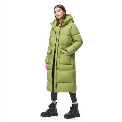 Długi płaszcz puchowy z kapturem to fantastyczne ubranie zimowe dla kobiet.