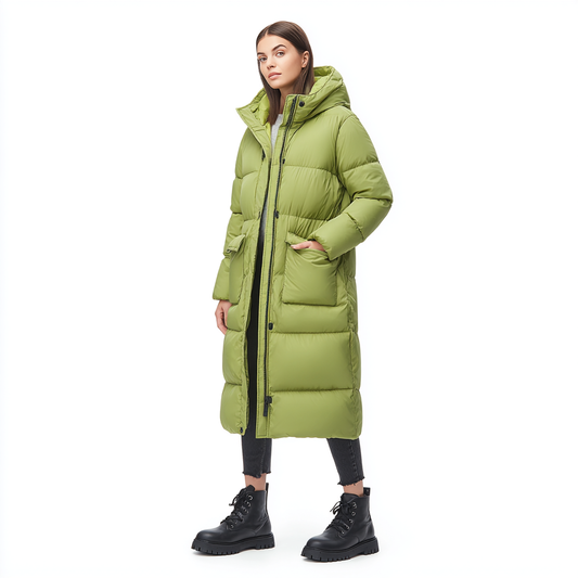 Długi płaszcz puchowy z kapturem to fantastyczne ubranie zimowe dla kobiet.